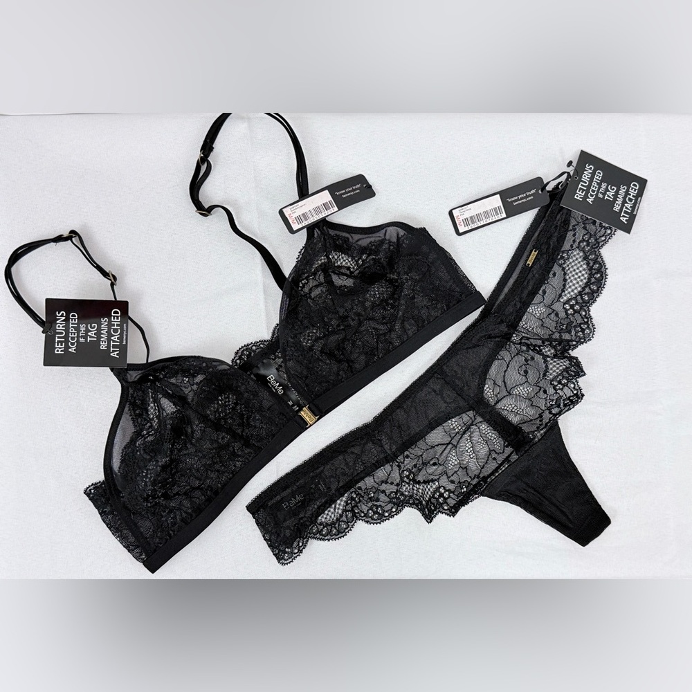 BeMe New York Sexy Black Lace Front Hook Bralette & Lace Thong Set Medium NWT